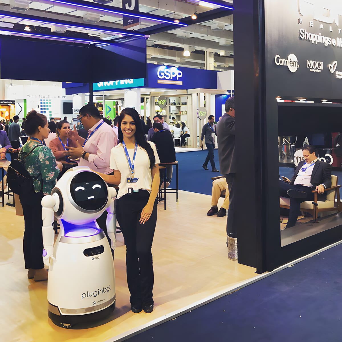 Recepcionista em estande de feira corporativa de negócios
